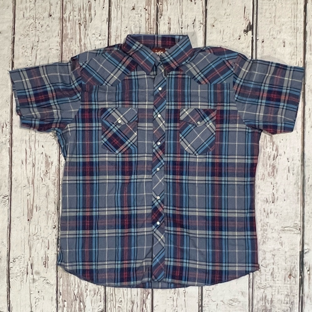 Vintage Wrangler Western Plaid Short Sleeve Cowboy Rancher Button Down Shirt